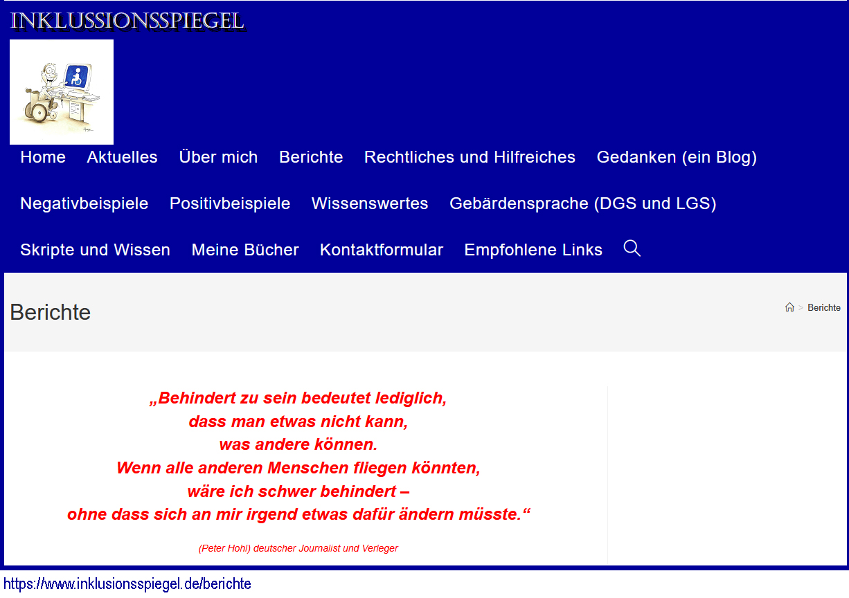 Website des "Inklusionsspiegel" mit dem Spruch "Relative Behinderung"